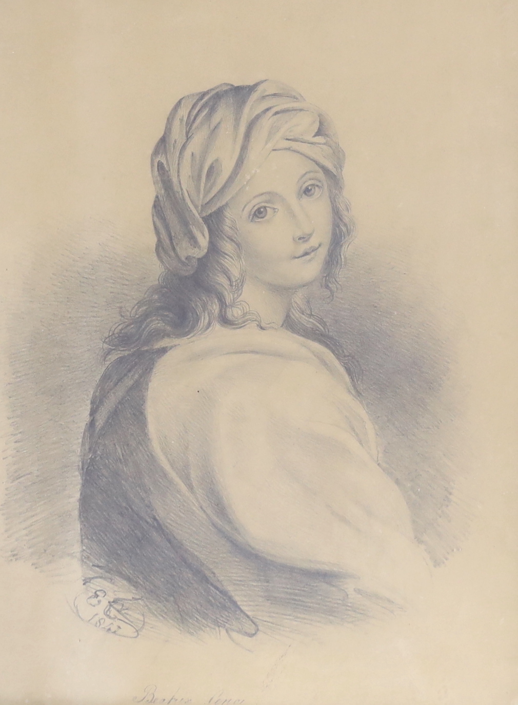 19th century School, pencil sketch, 'Beatrice Cenci', initialled E C and dated 1841, 33 x 25cm